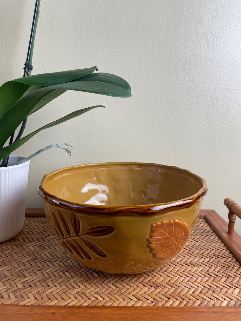 Harvest Leaves Ceramic Decorative Bowl in Mustard Yellow